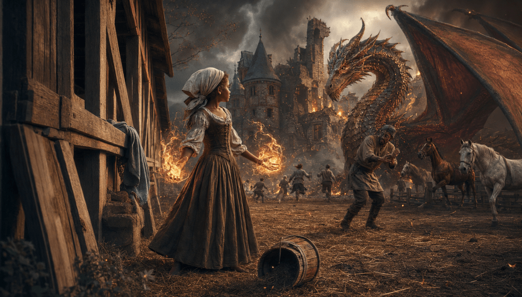Un dragón irrumpe en una fortaleza medieval y se enfrenta a una niña sirvienta.