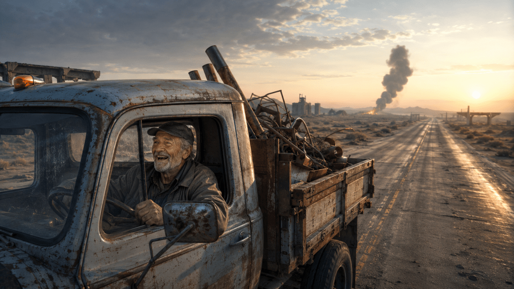 Un hombre conduce por una carretera vacía justo antes del amanecer