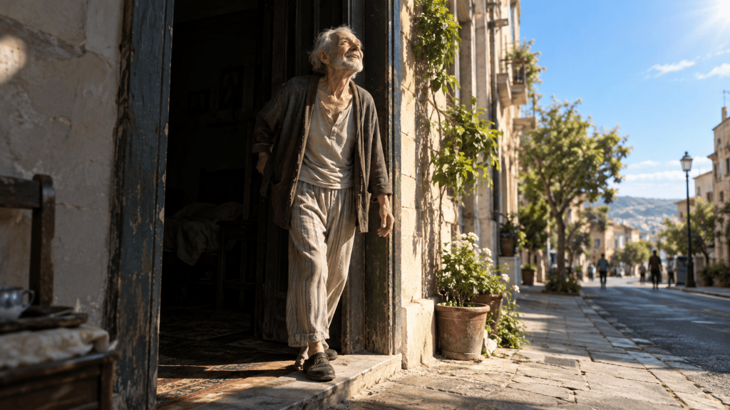 Un hombre mayor abandona la que ha sido su casa durante muchos años