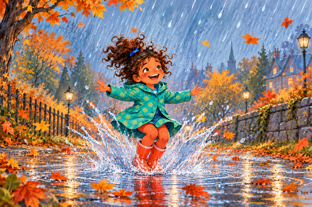 Una niña salta alegre bajo la lluvia de otoño