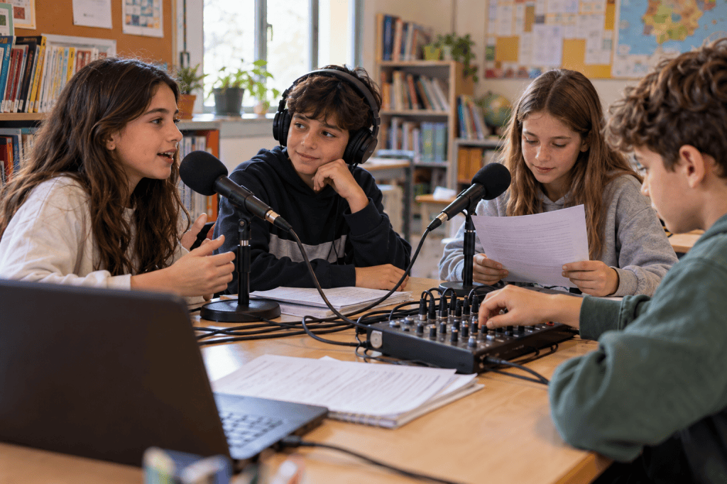 Niños y niñas haciendo radio escolar